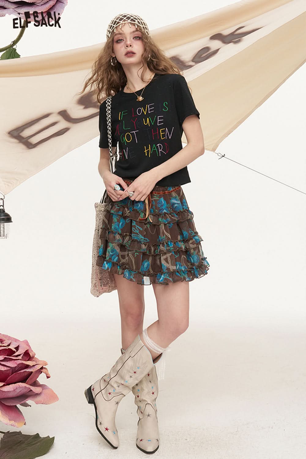 ELFSACK Original Rose Printed Ruffle Half Length Short Skirt