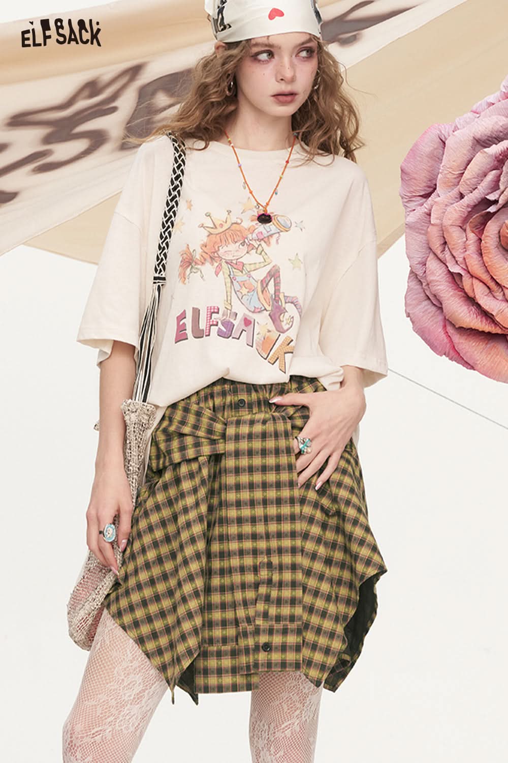 ELFSACK Plaid Fine Belt Irregular Retro Half Skirt