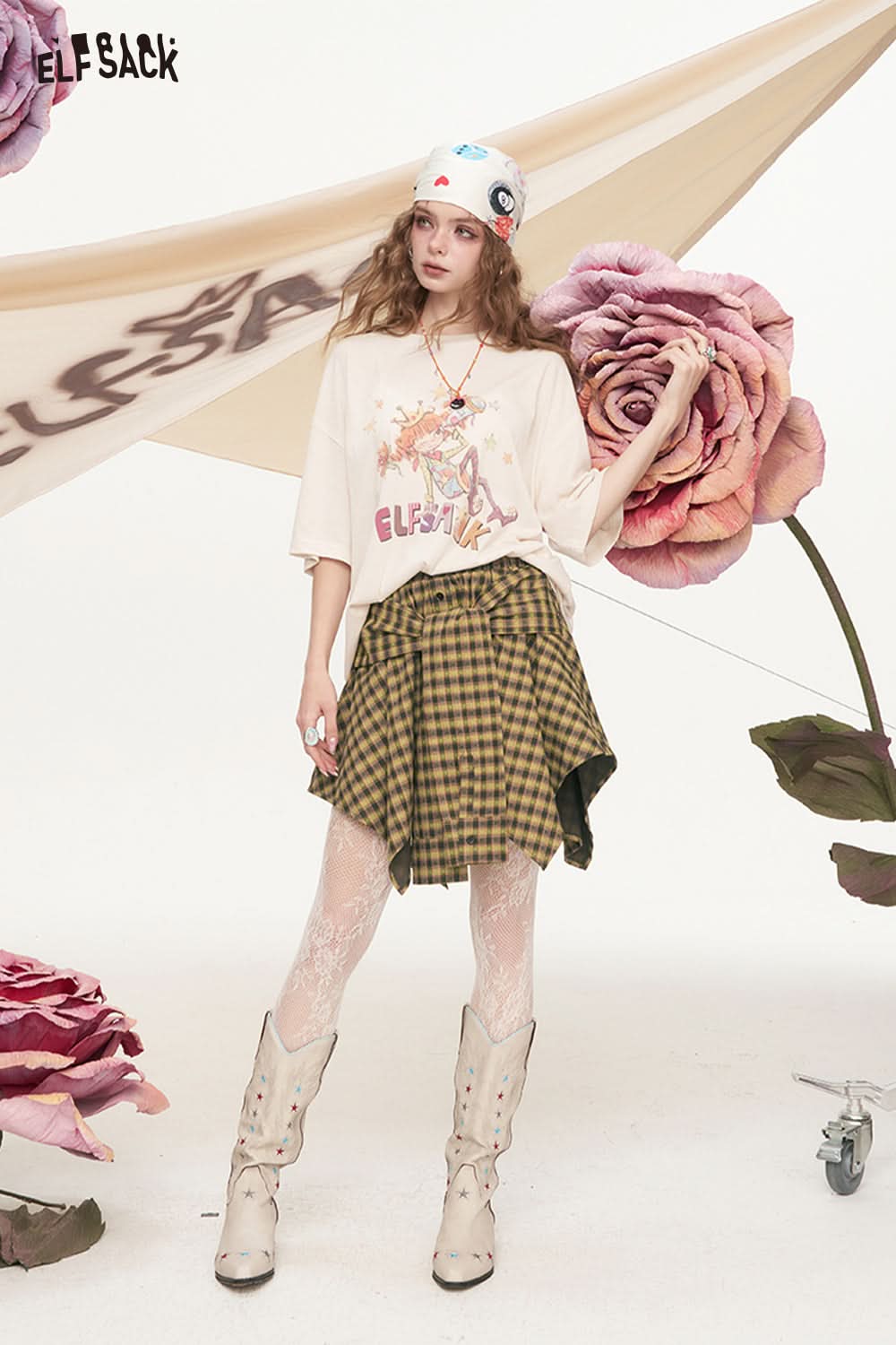 ELFSACK Plaid Fine Belt Irregular Retro Half Skirt