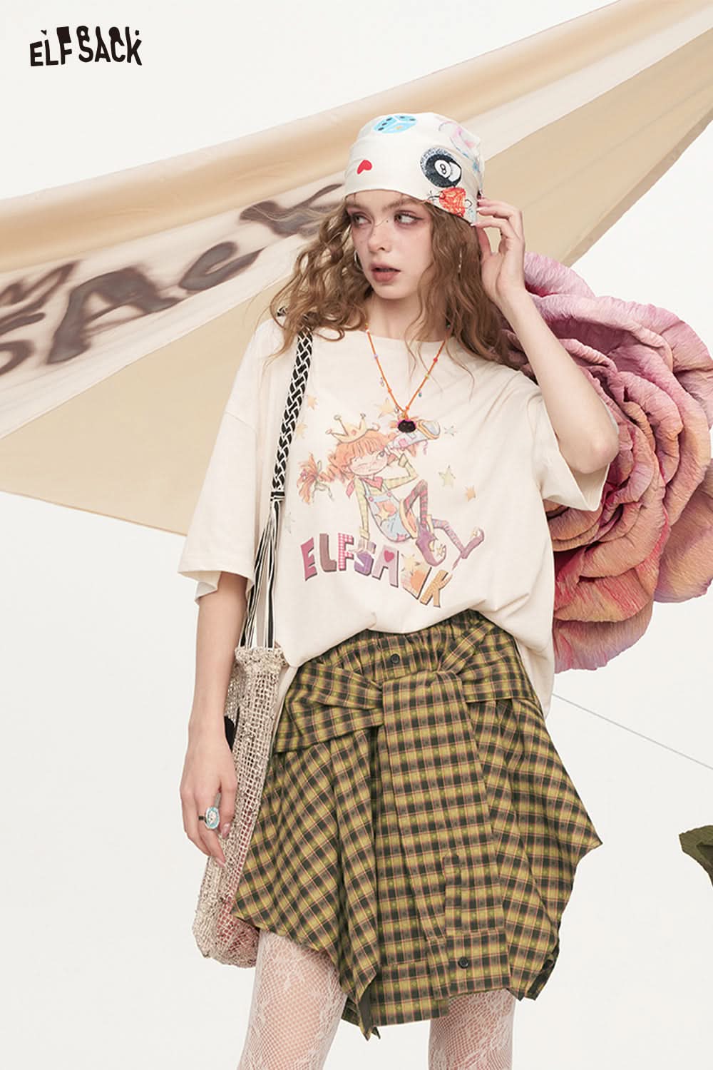 ELFSACK Plaid Fine Belt Irregular Retro Half Skirt