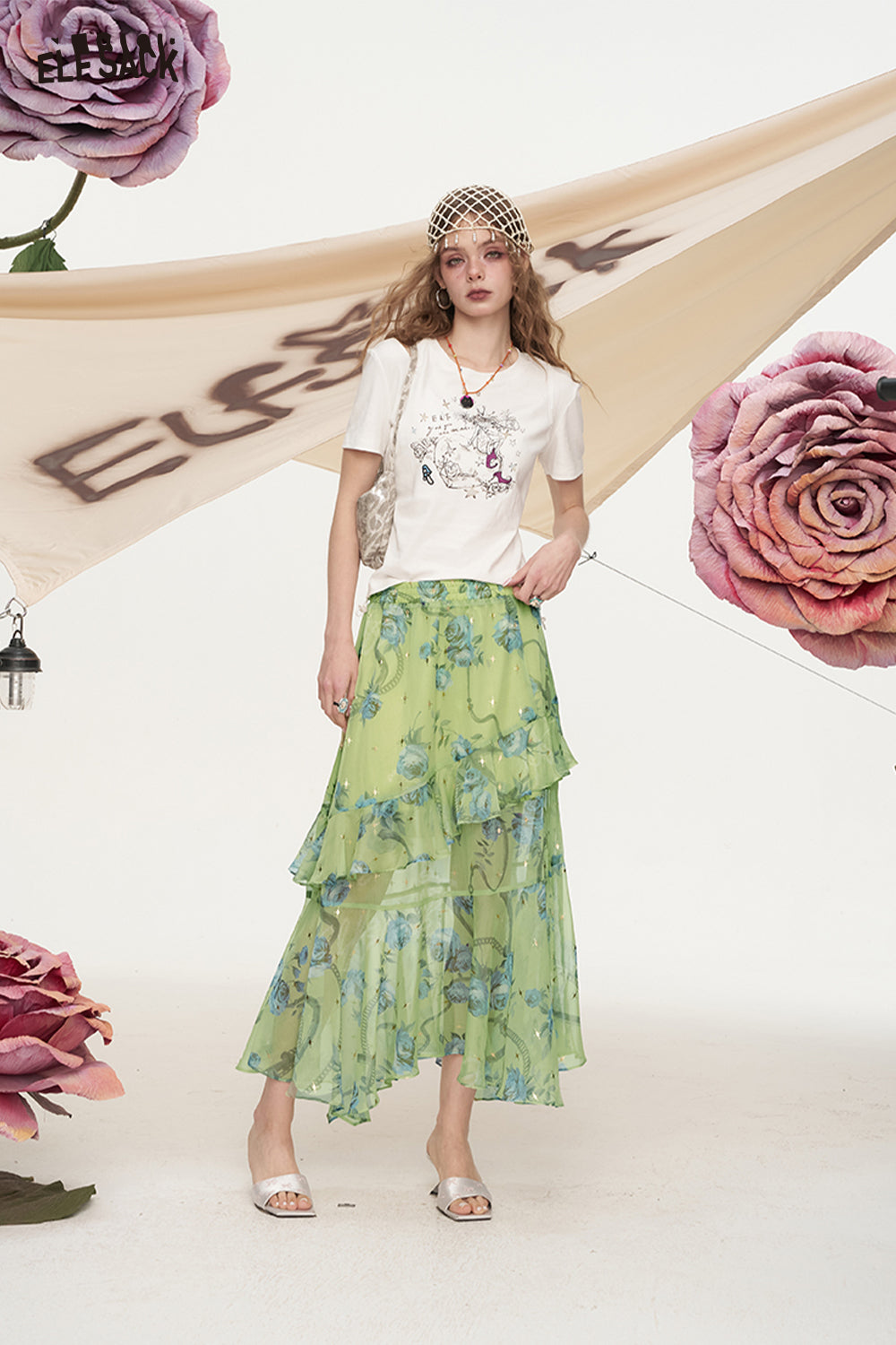 ELFSACK Rose Print Ruffled Chiffon High Waisted Chic Skirt