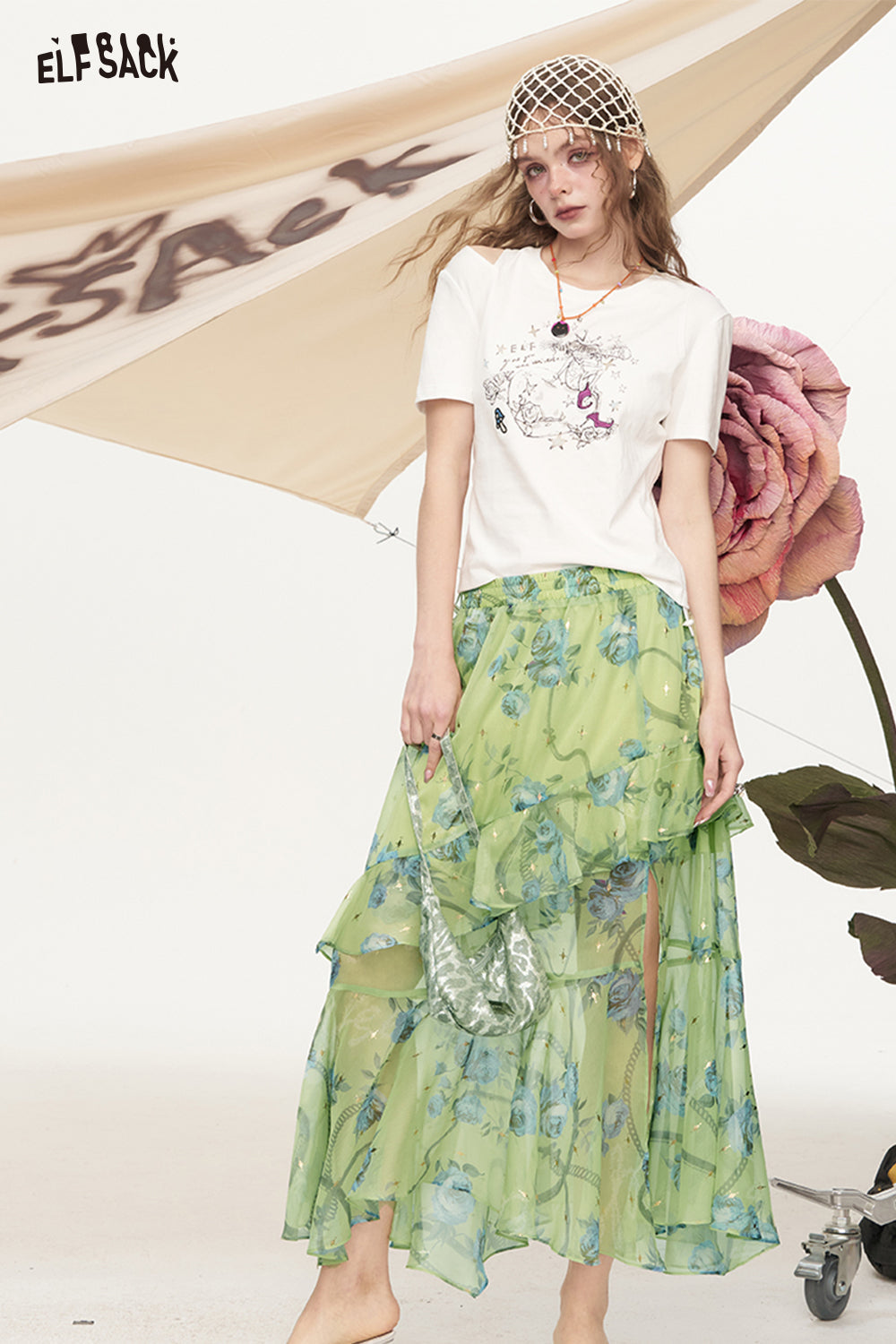 ELFSACK Rose Print Ruffled Chiffon High Waisted Chic Skirt