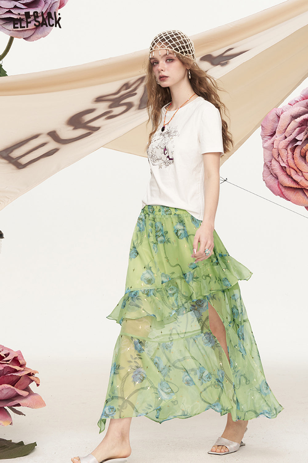 ELFSACK Rose Print Ruffled Chiffon High Waisted Chic Skirt