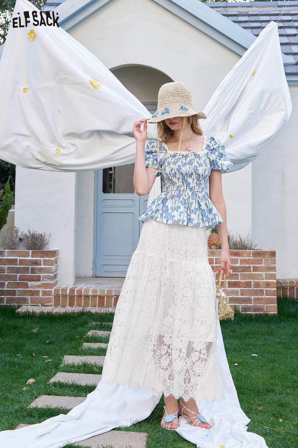 ELFSACK White Lace Midi Chic Skirt