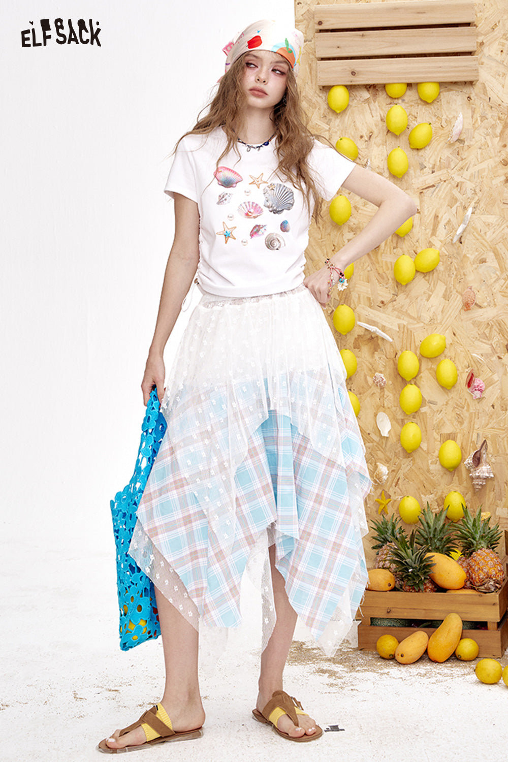 ELFSACK Plaid Patchwork Lace Mesh Irregular Chic Skirt