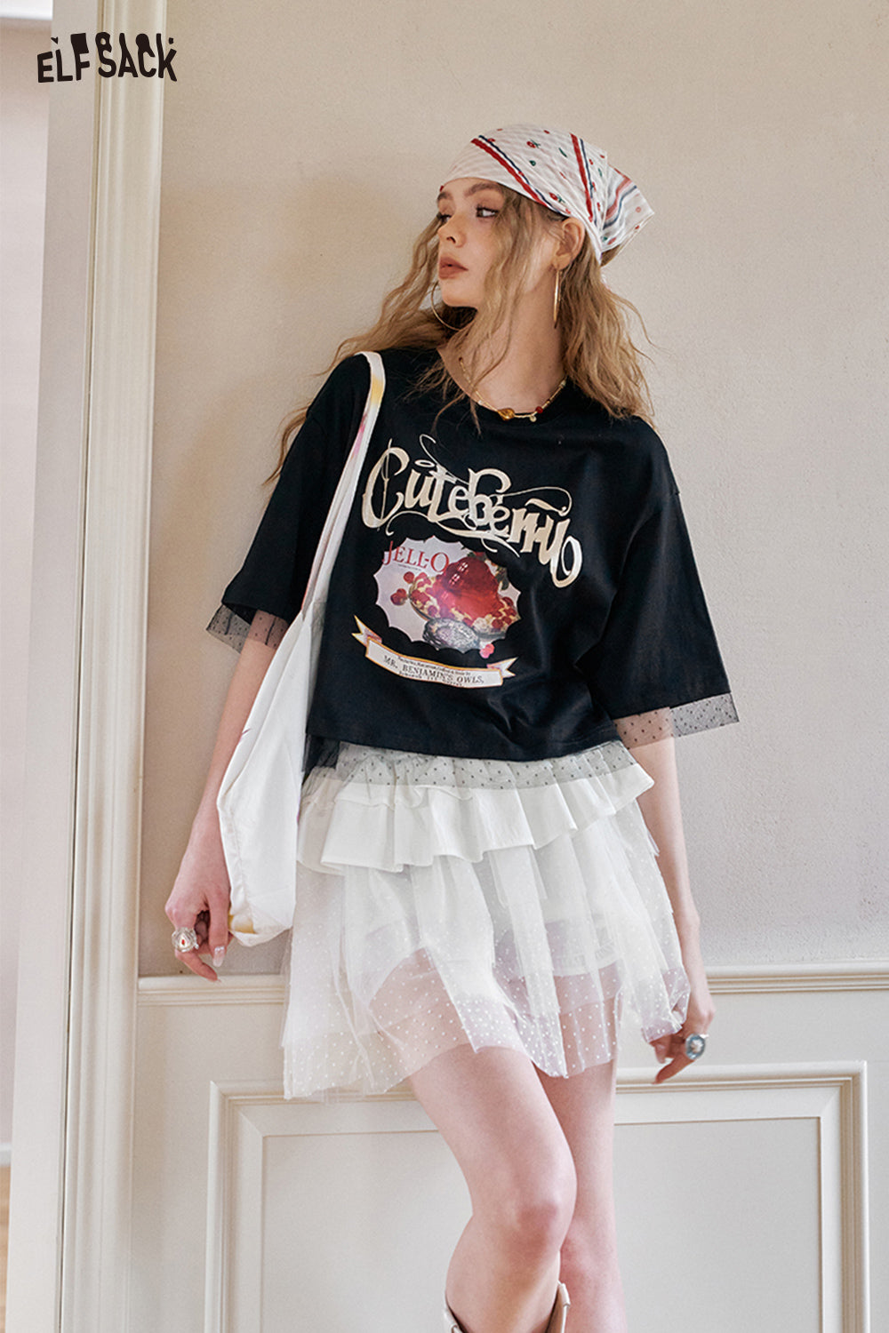 ELFSACK Polka Lace Mesh Puffy Chic Skirt