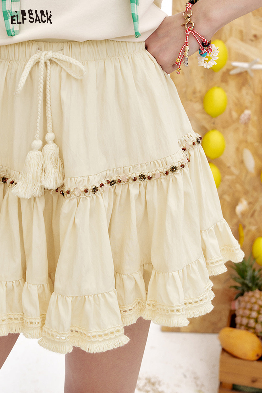 ELFSACK Off White A-Line Tassel Chic Skirt