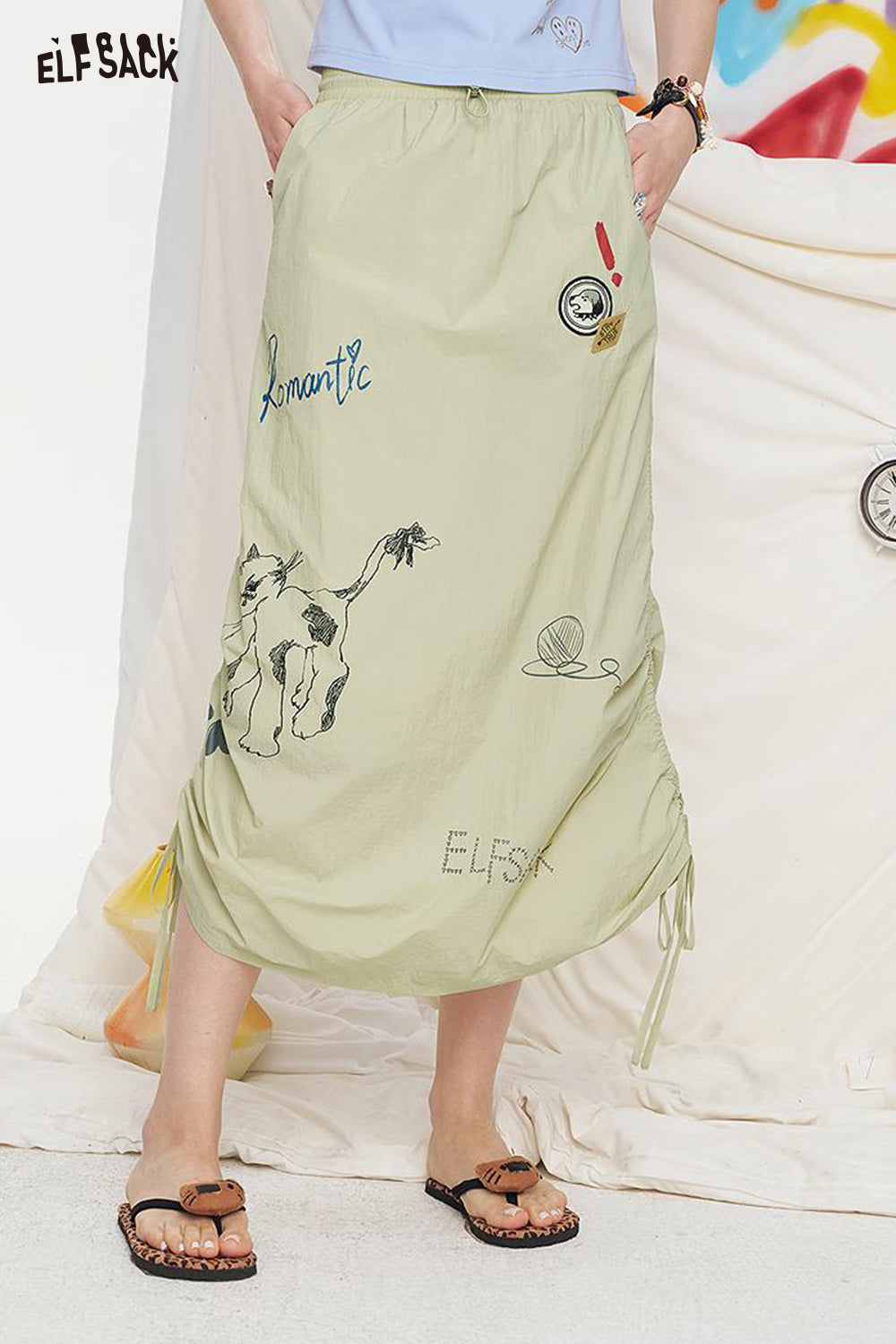 ELFSACK Graffiti Pattern Drawstring Chic Long Skirt
