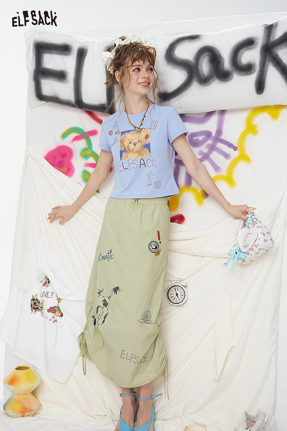 ELFSACK Graffiti Pattern Drawstring Chic Long Skirt