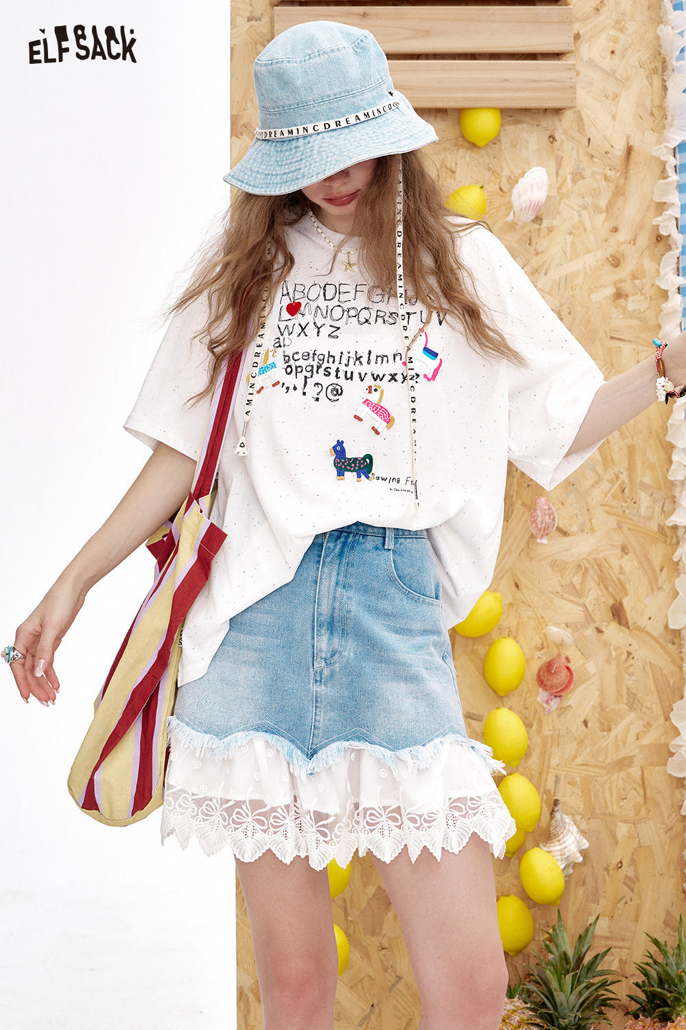 ELFSACK Lace And Lace Patchwork A-Line Denim Skirt