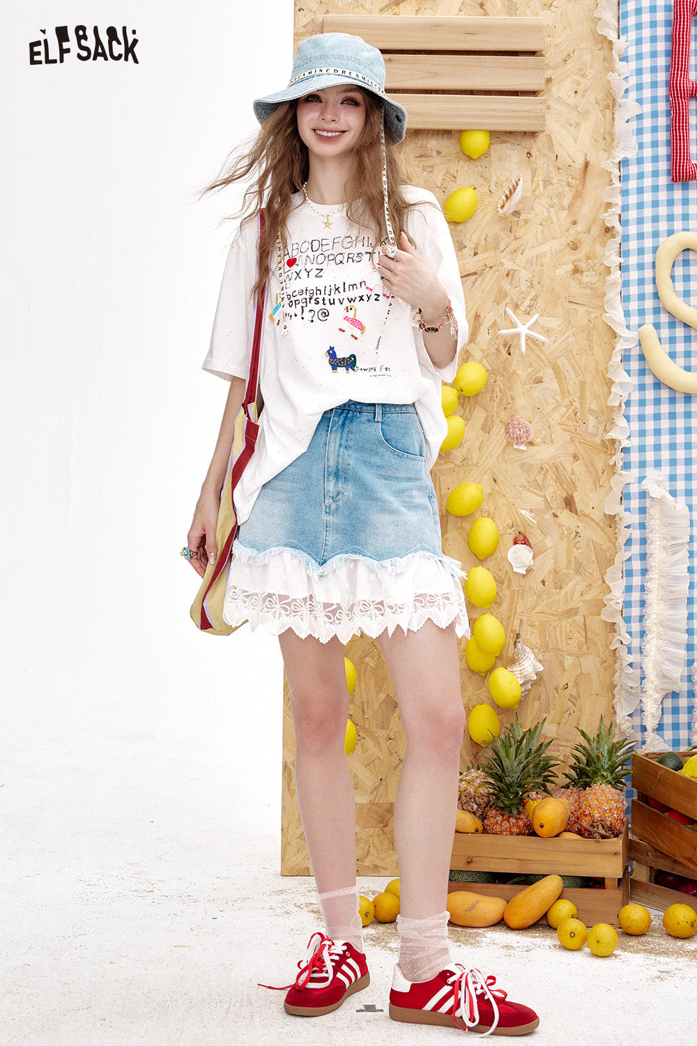 ELFSACK Lace And Lace Patchwork A-Line Denim Skirt
