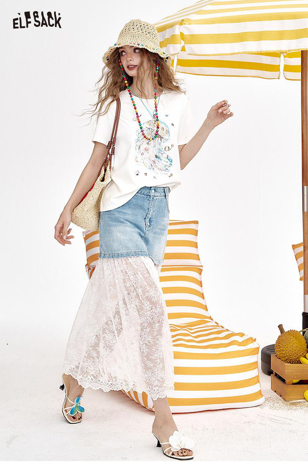 ELFSACK Bow Lace Patchwork White Midi Chic Skirt