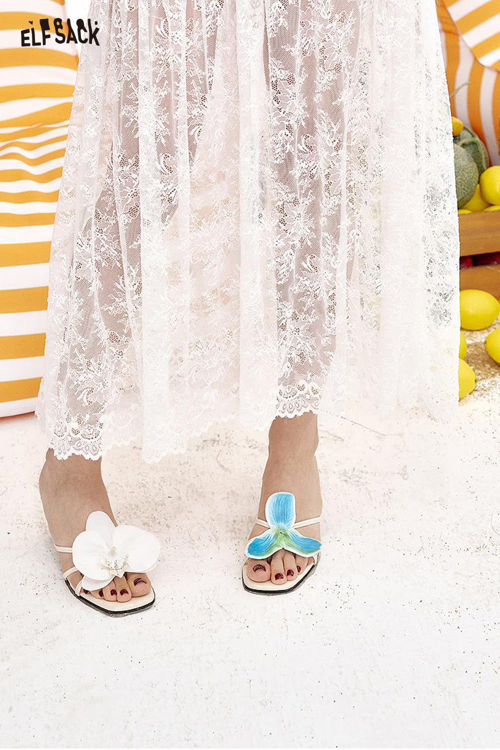 ELFSACK Bow Lace Patchwork White Midi Chic Skirt