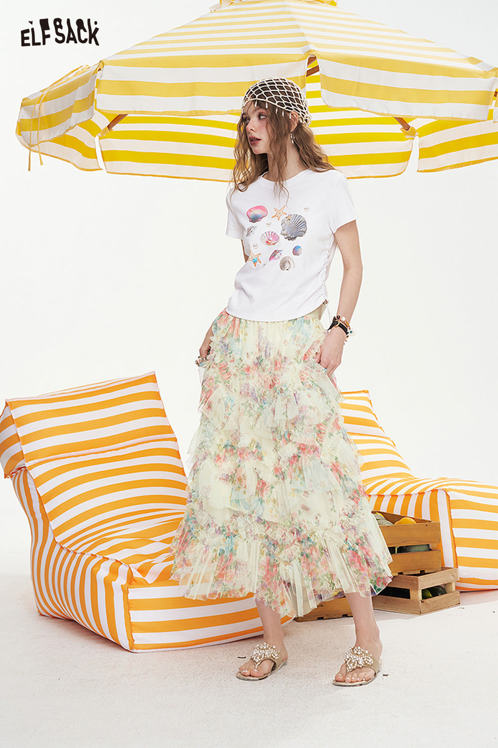 ELFSACK High Waisted A-Line Floral Chic Skirt