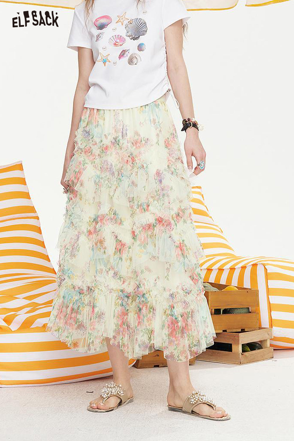 ELFSACK High Waisted A-Line Floral Chic Skirt