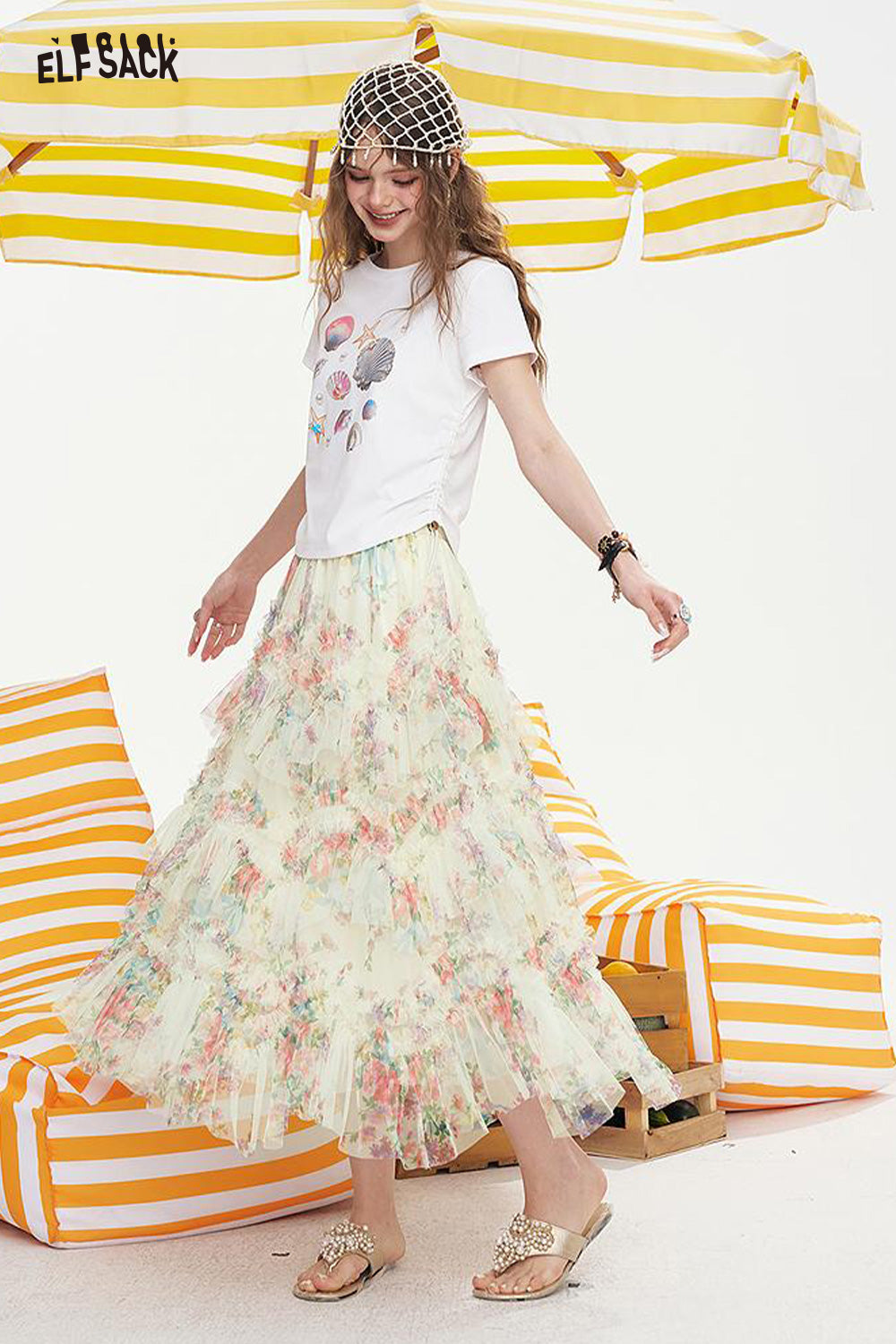 ELFSACK High Waisted A-Line Floral Chic Skirt