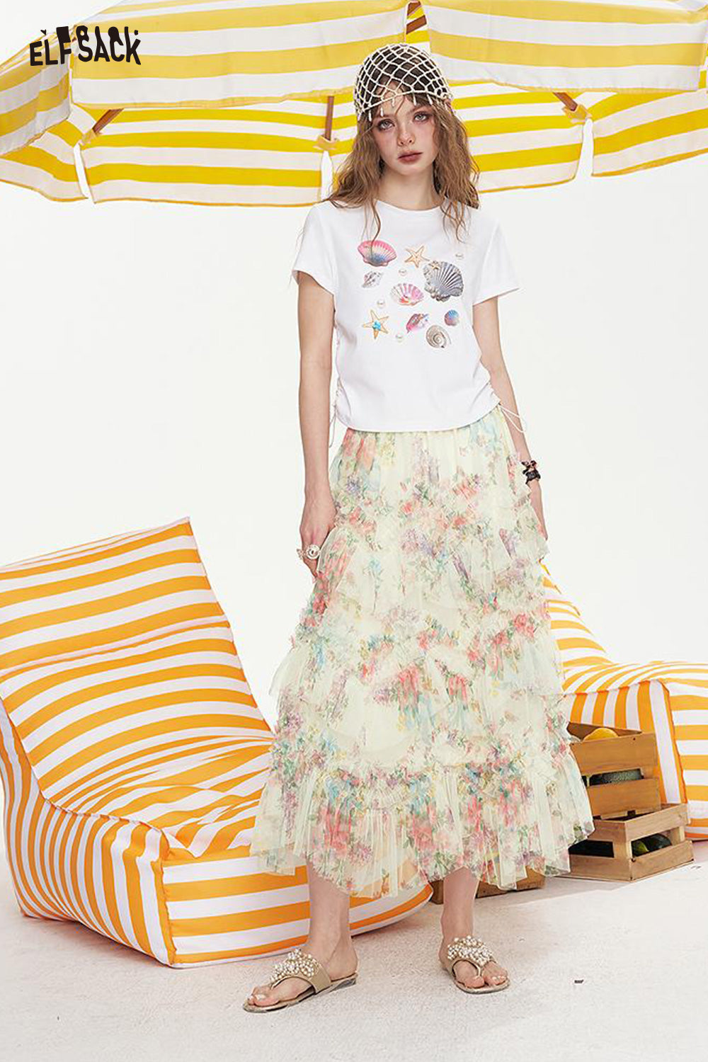 ELFSACK High Waisted A-Line Floral Chic Skirt