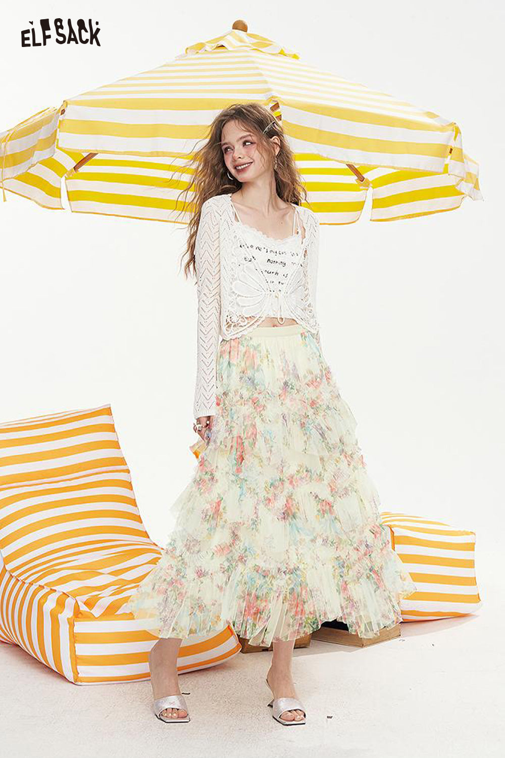 ELFSACK High Waisted A-Line Floral Chic Skirt