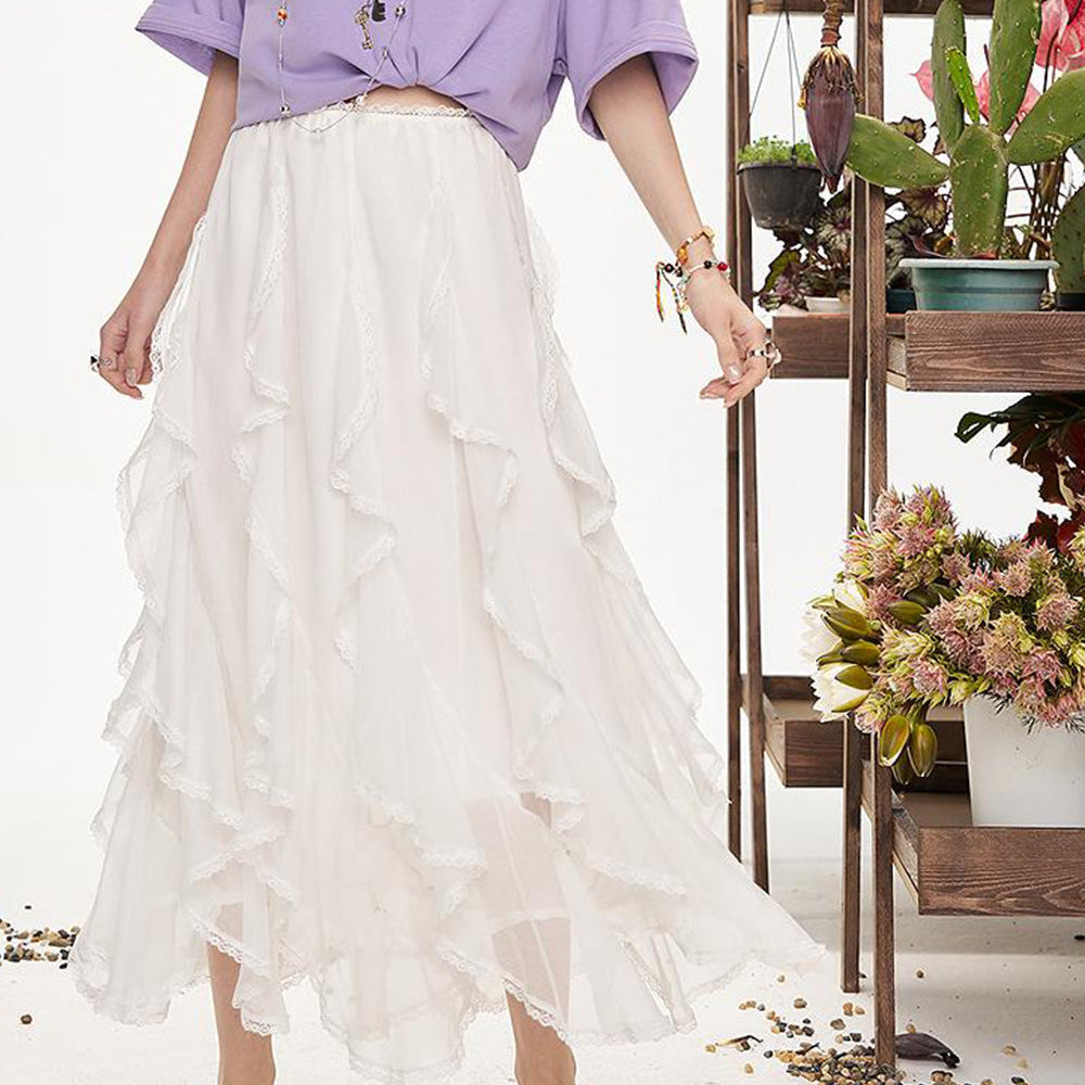 ELFSACK Lotus Leaf Lace Half Body Mid Length Casual Skirt