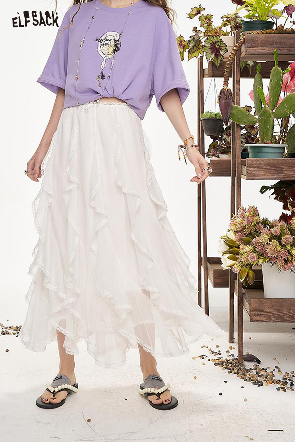 ELFSACK Lotus Leaf Lace Half Body Mid Length Casual Skirt