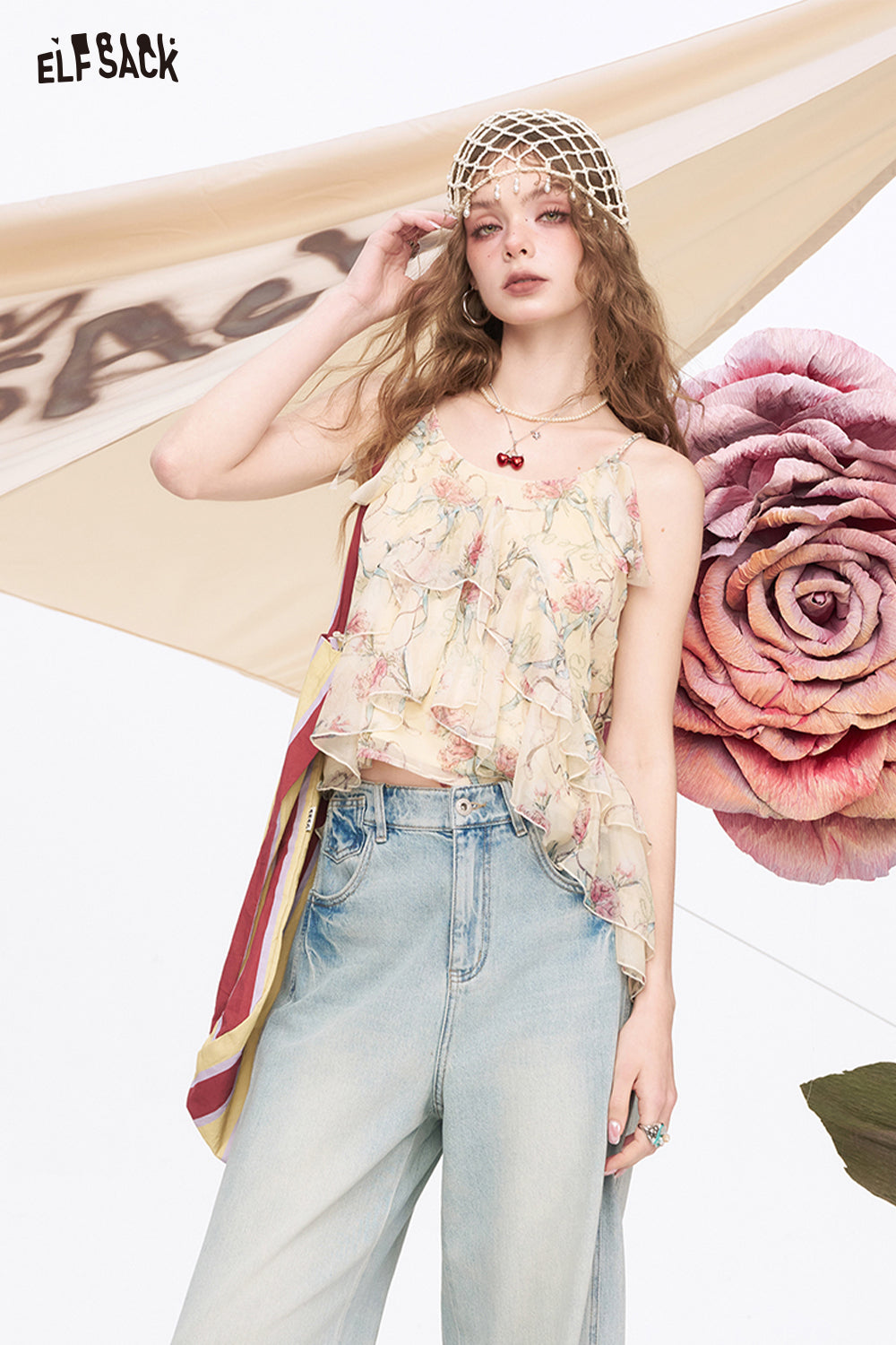 ELFSACK Original Floral Print Chiffon Chic Camisole