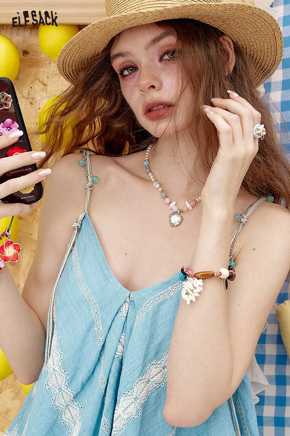 ELFSACK Beaded V-Neck Chic Small Suspender Women
