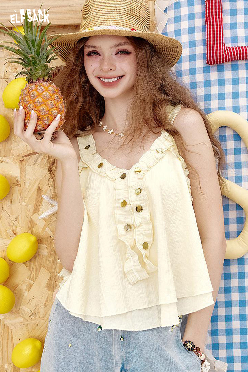 ELFSACK V-Neck Pleated Sweet Chic Camisole Women
