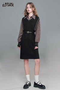 Cotton Blend Plaid Panel Layered Vest Design Belted Waist Dress