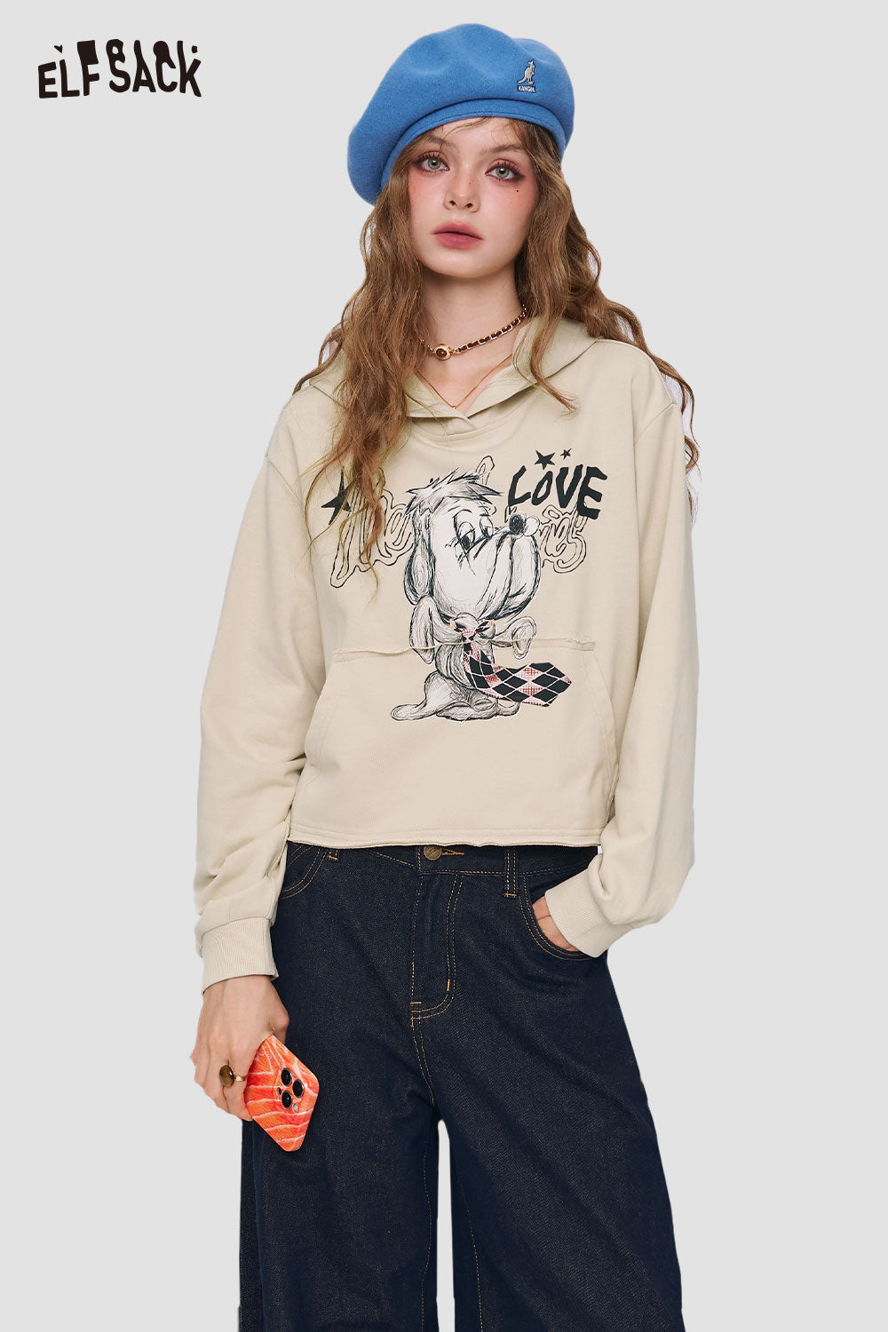 ELFSACK American style print hoodie for women. Cream graphic love design with relaxed fit