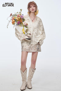 ELFSACK Lace Blouse V-Neck Long Sleeve Top with Flared Cuffs