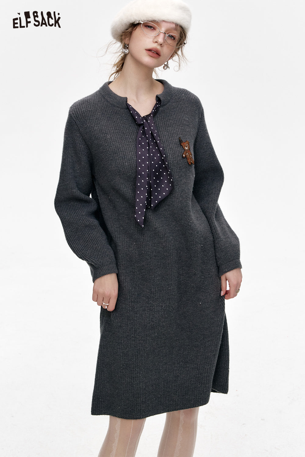 ELFSACK Preppy Style Knitted V-neck Straight Dress With Scarf And Bear Patch