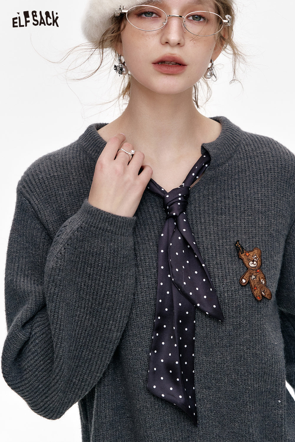 ELFSACK Preppy Style Knitted V-neck Straight Dress With Scarf And Bear Patch