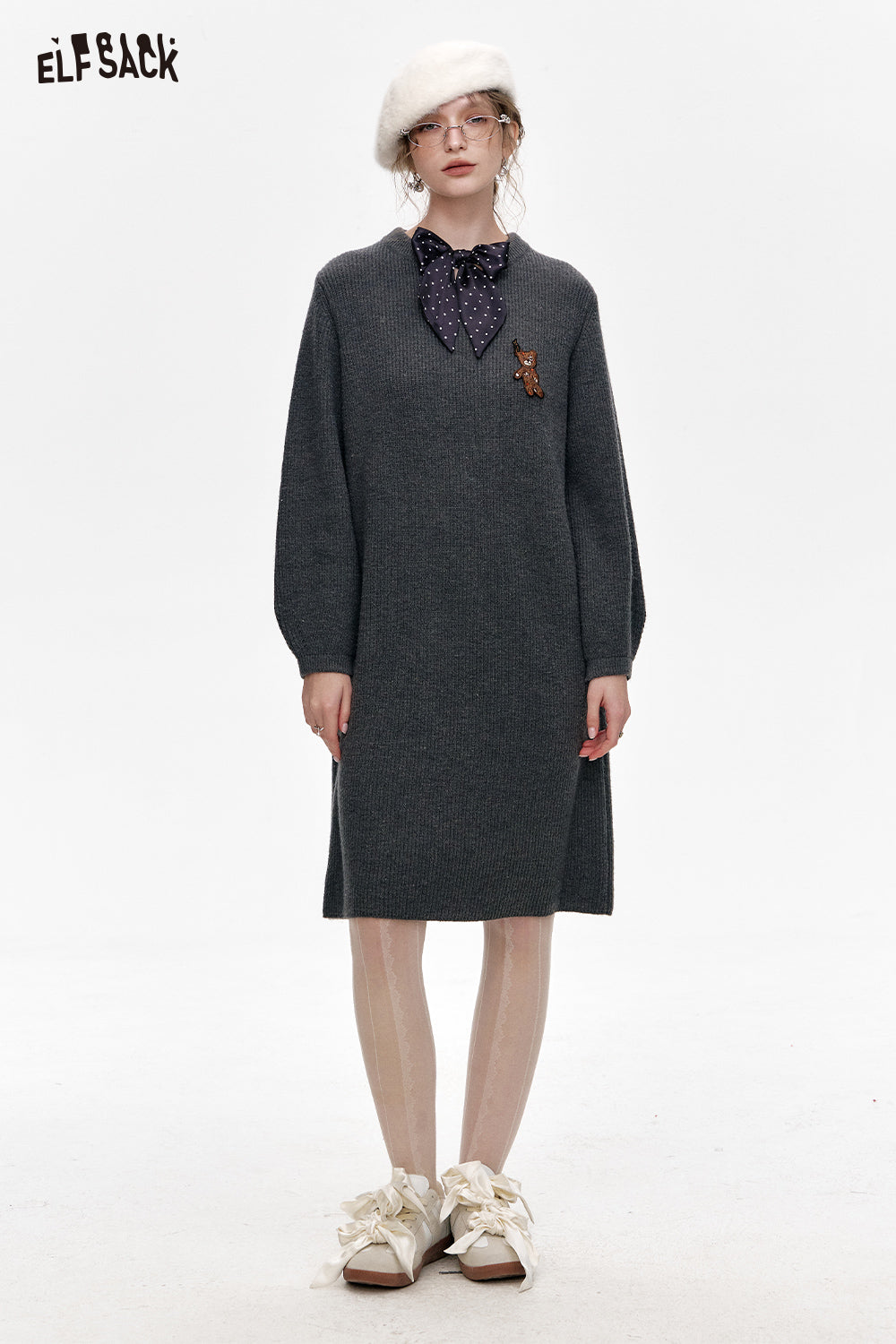 ELFSACK Preppy Style Knitted V-neck Straight Dress With Scarf And Bear Patch