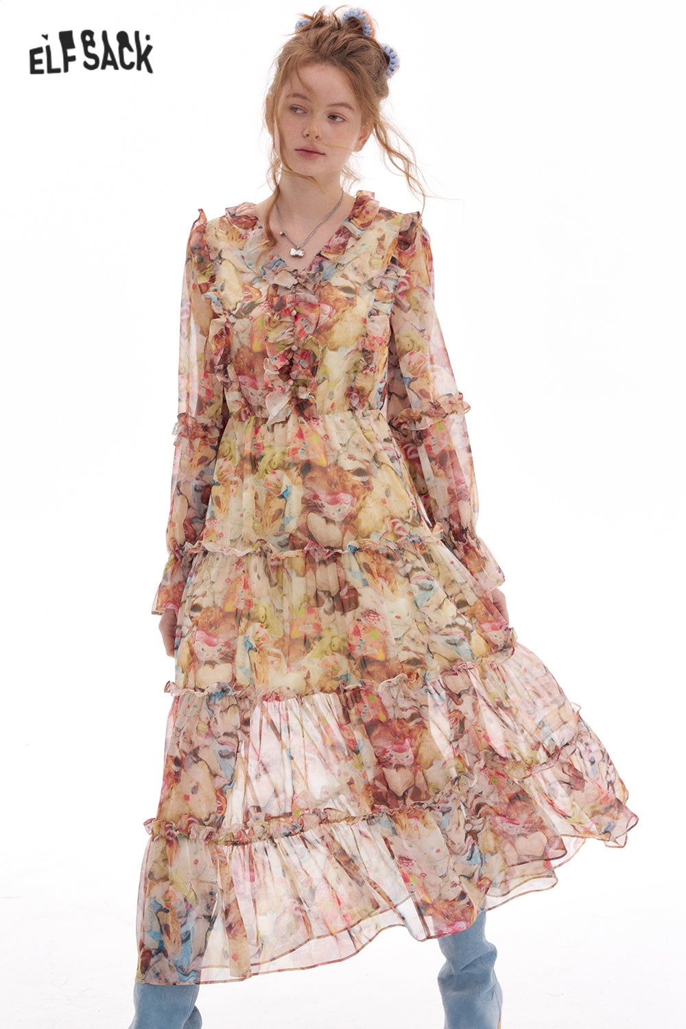 ELFSACK French V-neck Floral Chiffon Dress Women Elegant Bohemian Women Long Dress Casual Long Sleeve High Waist Beach