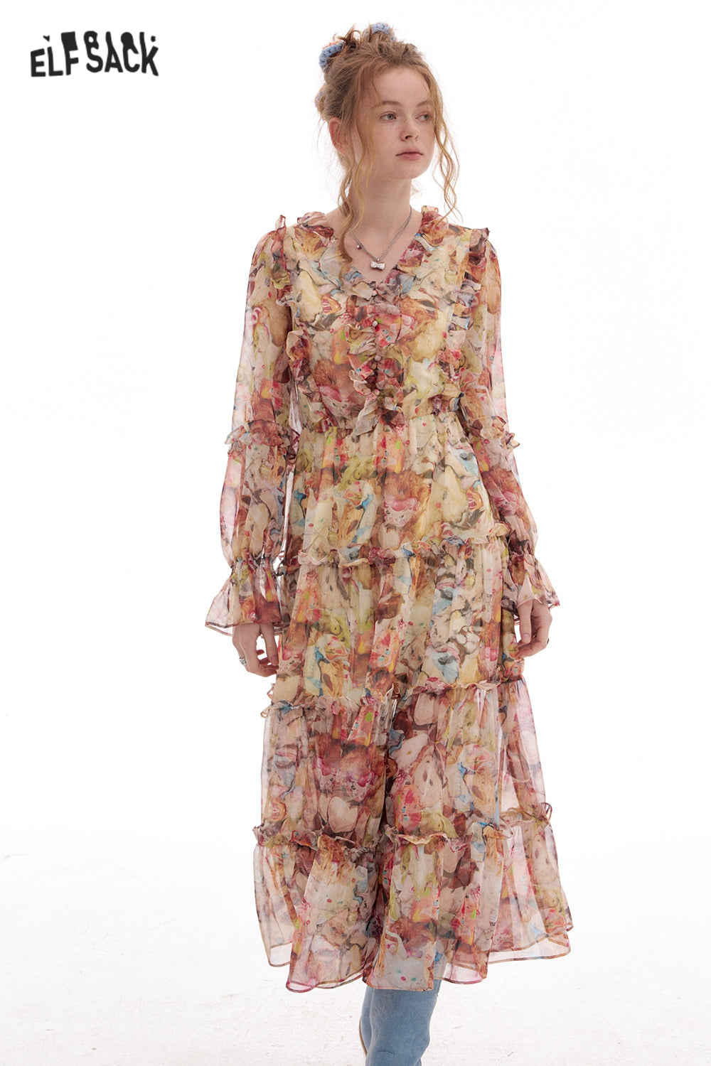 ELFSACK French V-neck Floral Chiffon Dress Women Elegant Bohemian Women Long Dress Casual Long Sleeve High Waist Beach