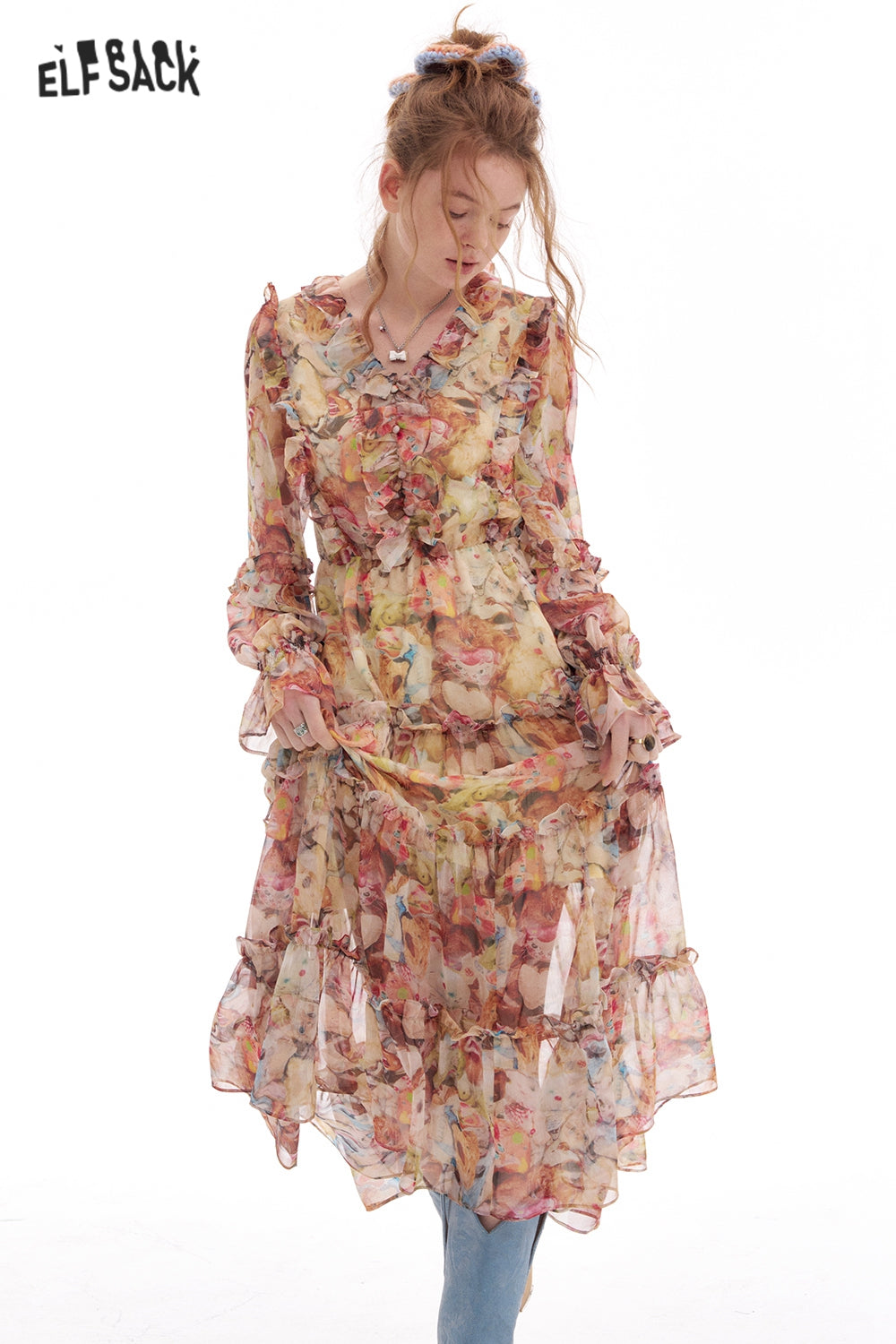 ELFSACK French V-neck Floral Chiffon Dress Women Elegant Bohemian Women Long Dress Casual Long Sleeve High Waist Beach