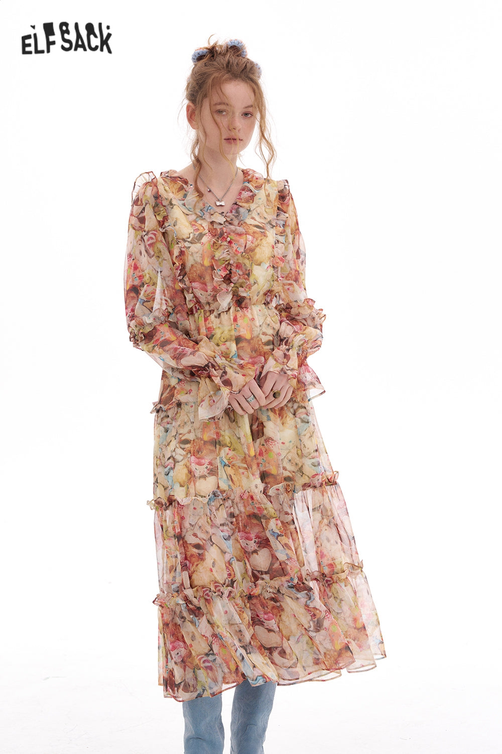 ELFSACK French V-neck Floral Chiffon Dress Women Elegant Bohemian Women Long Dress Casual Long Sleeve High Waist Beach