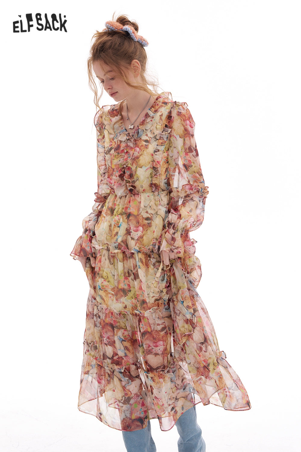 ELFSACK French V-neck Floral Chiffon Dress Women Elegant Bohemian Women Long Dress Casual Long Sleeve High Waist Beach
