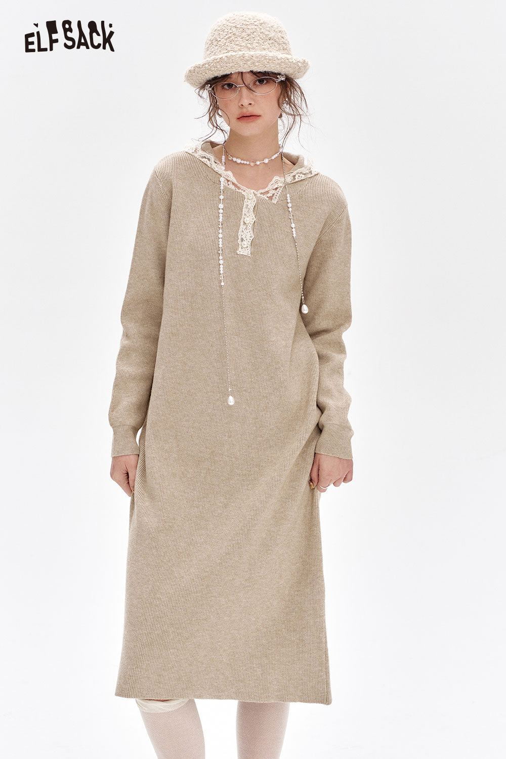 ELFSACK Sweet lace stitching hooded knitted dress
