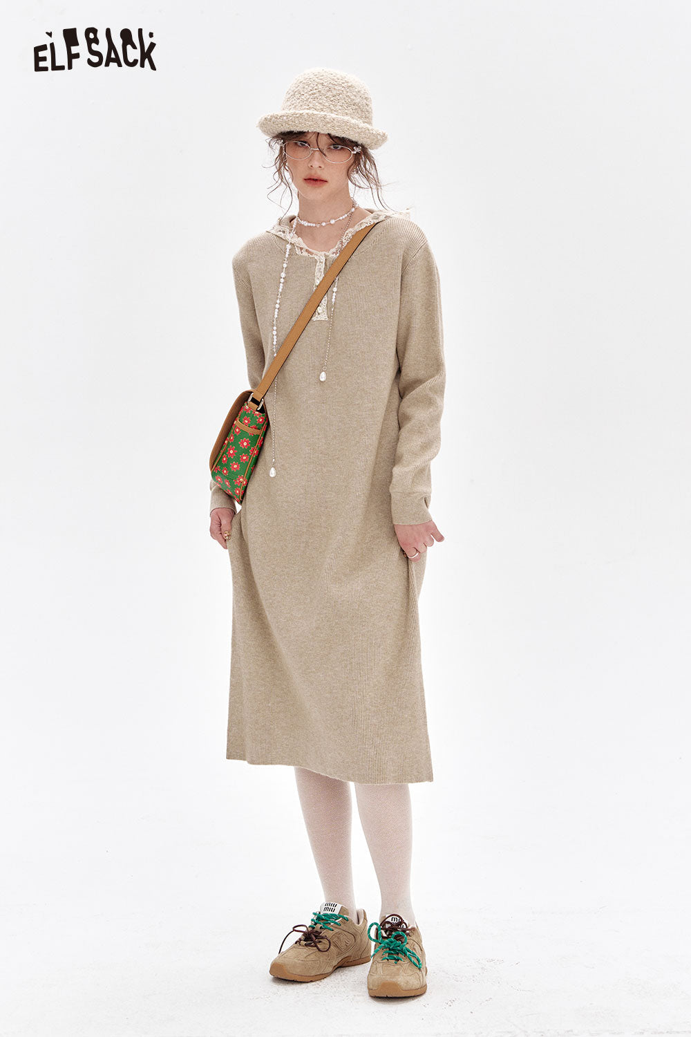 ELFSACK Sweet lace stitching hooded knitted dress
