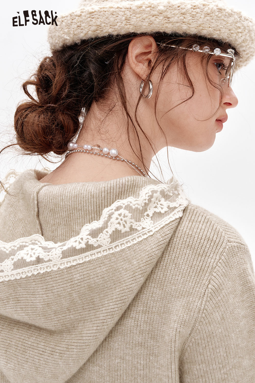 ELFSACK Sweet lace stitching hooded knitted dress