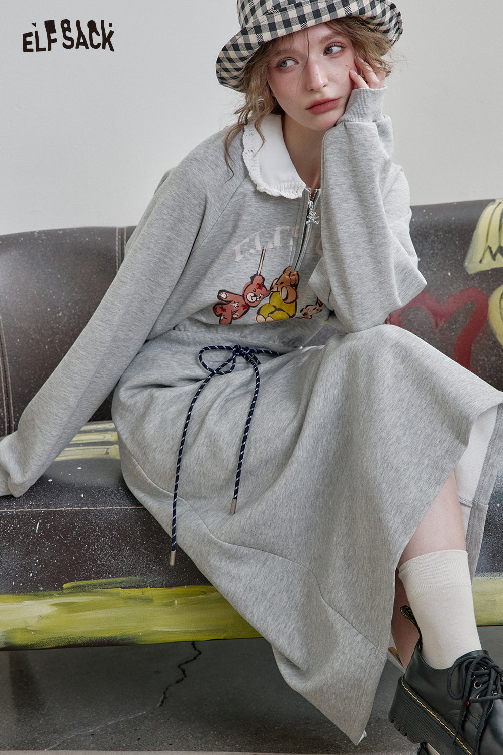 ELFSACK Grey Lapel Bear Print Half Zipper Sweatshirt Dress Women's Sports Casual Drawstring Dress