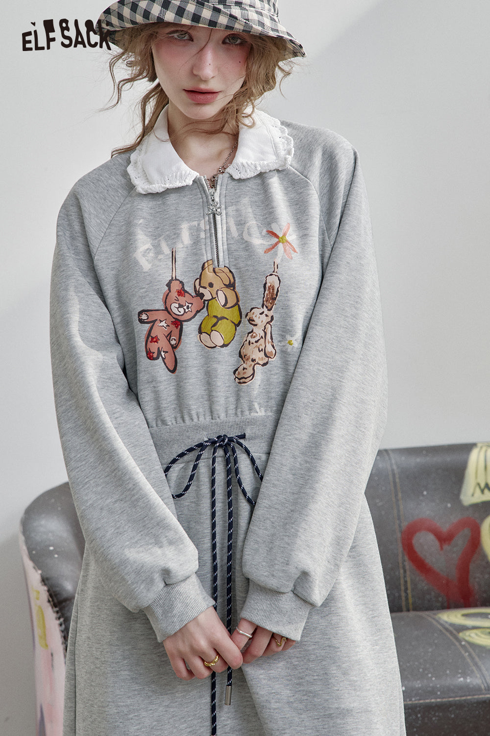 ELFSACK Grey Lapel Bear Print Half Zipper Sweatshirt Dress Women's Sports Casual Drawstring Dress