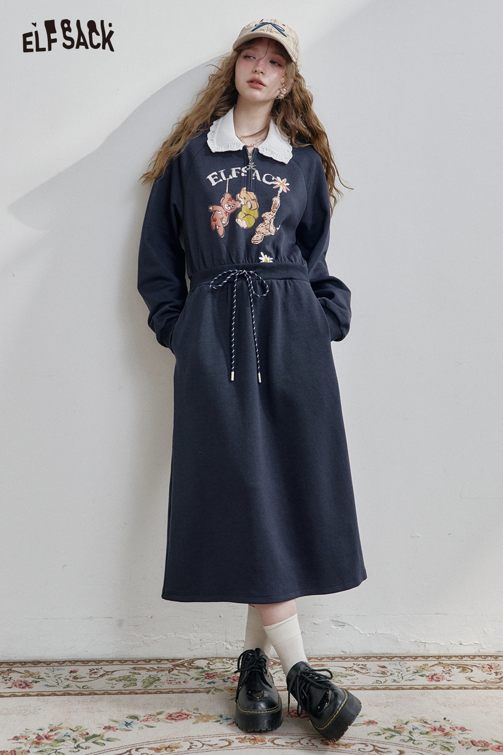 ELFSACK Grey Lapel Bear Print Half Zipper Sweatshirt Dress Women's Sports Casual Drawstring Dress