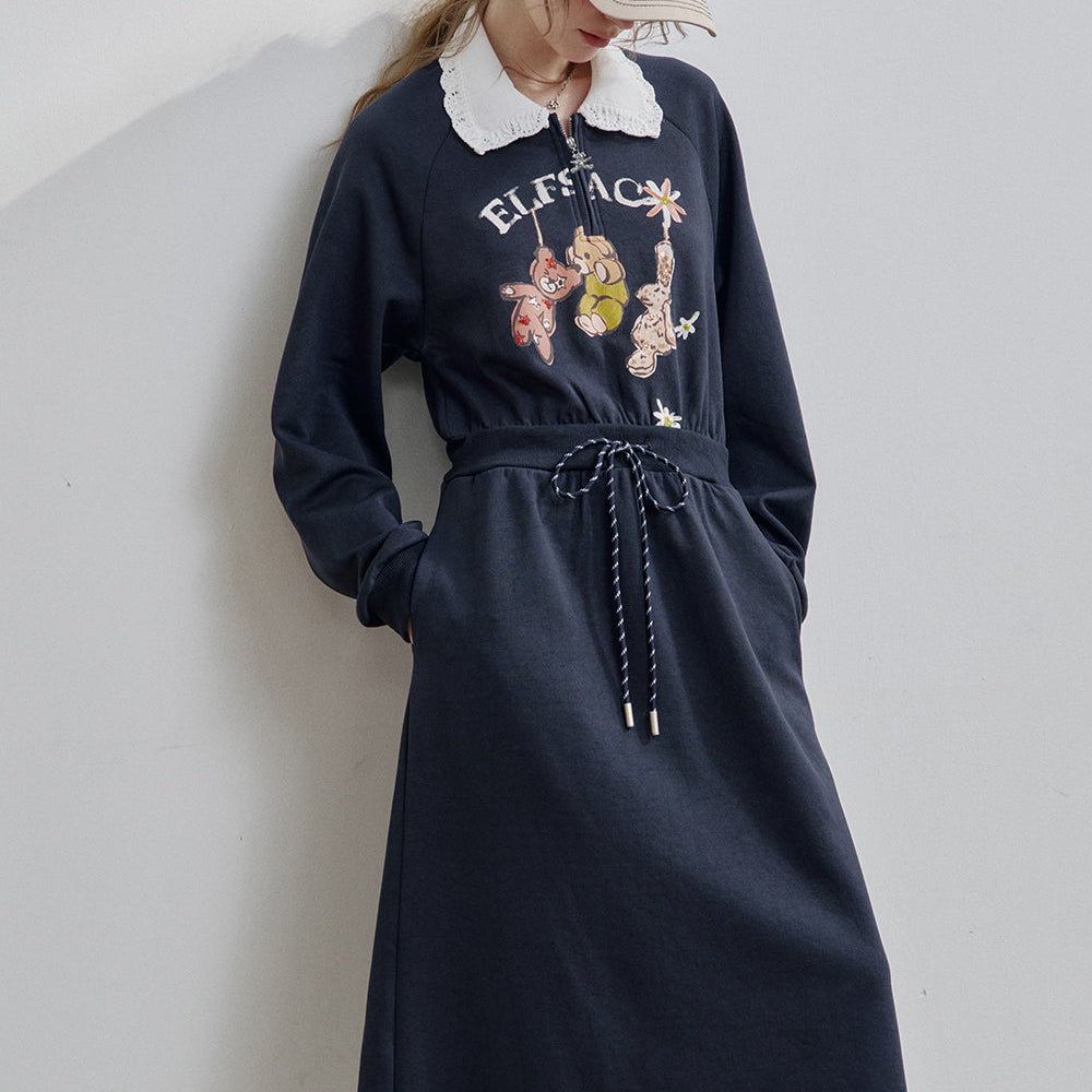 ELFSACK 2025 Spring New Arrivals Grey Lapel Bear Print Half Zipper Sweatshirt Dress Women's Sports Casual Drawstring Dress