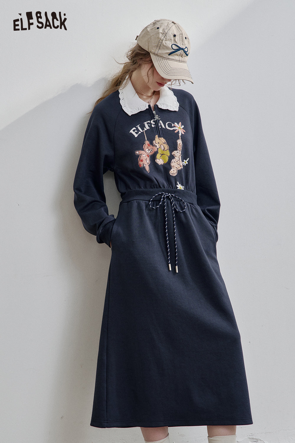 ELFSACK Grey Lapel Bear Print Half Zipper Sweatshirt Dress Women's Sports Casual Drawstring Dress
