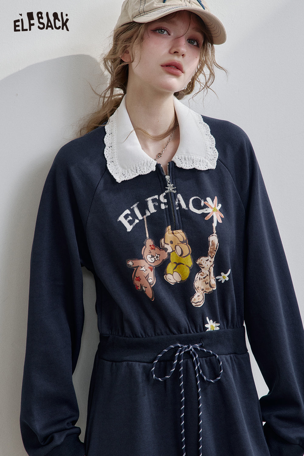 ELFSACK Grey Lapel Bear Print Half Zipper Sweatshirt Dress Women's Sports Casual Drawstring Dress