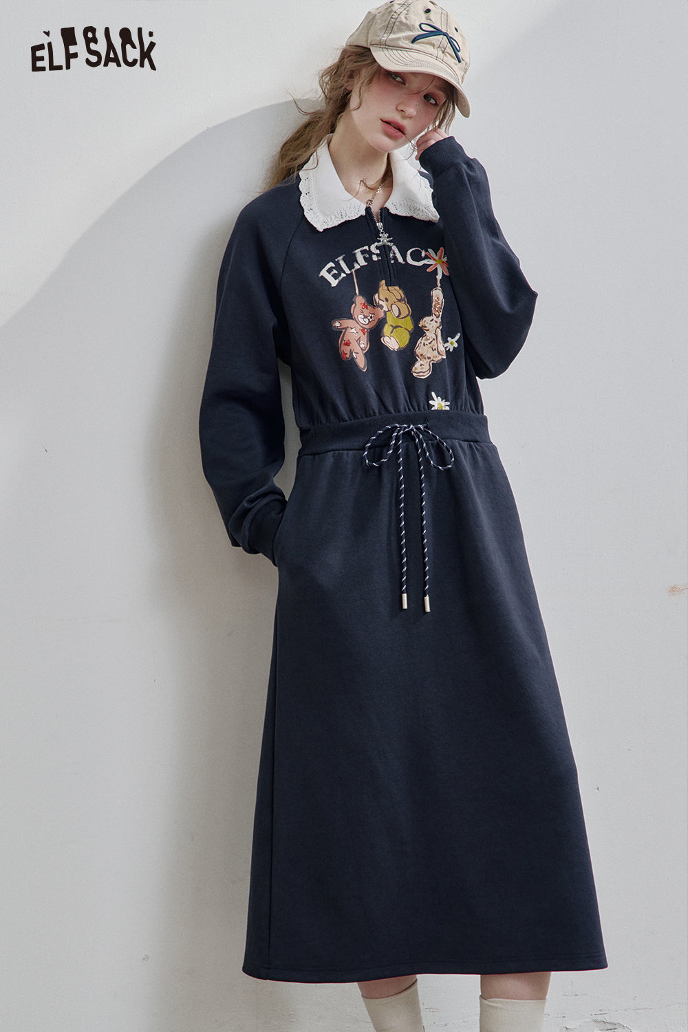 ELFSACK Grey Lapel Bear Print Half Zipper Sweatshirt Dress Women's Sports Casual Drawstring Dress