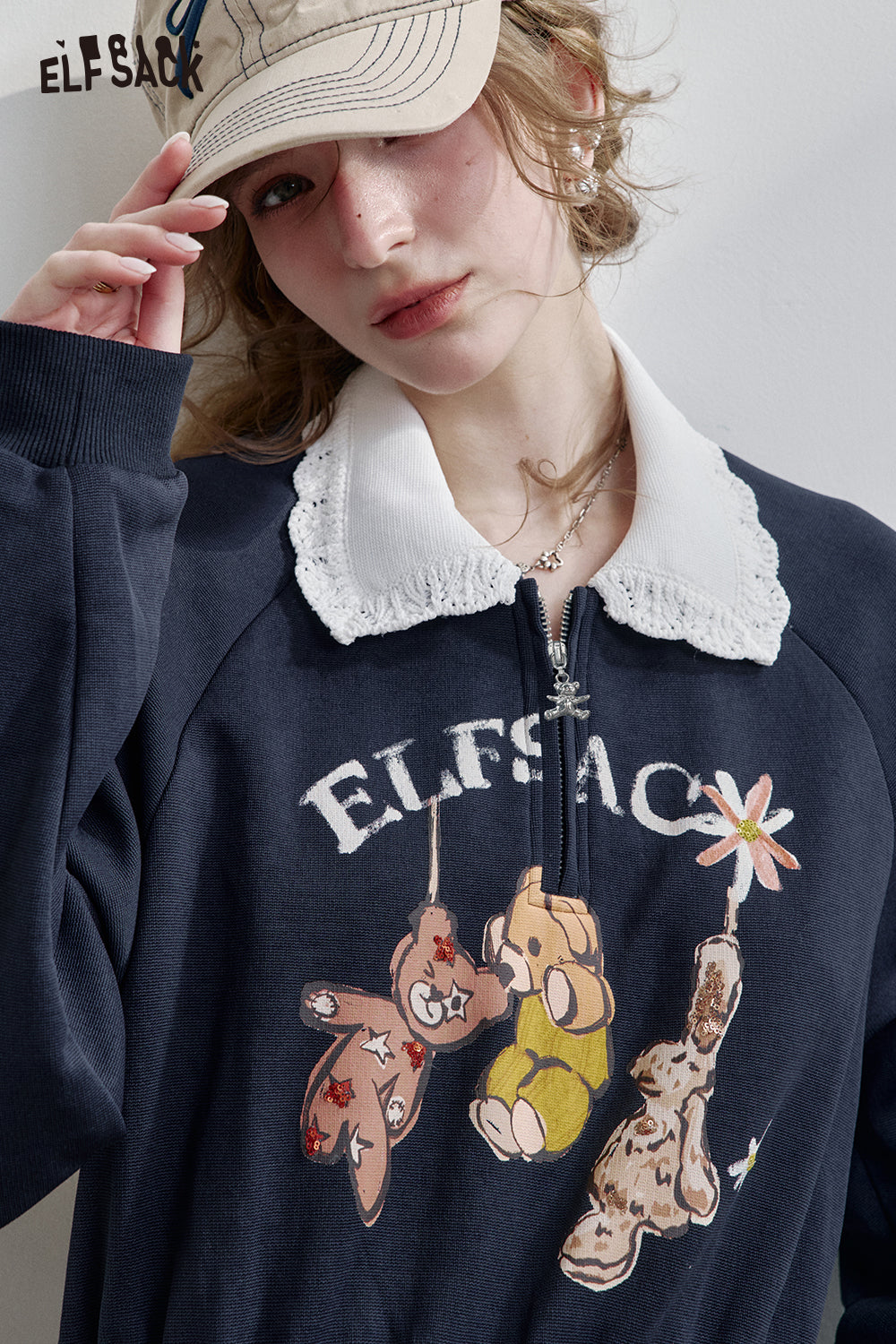 ELFSACK Grey Lapel Bear Print Half Zipper Sweatshirt Dress Women's Sports Casual Drawstring Dress