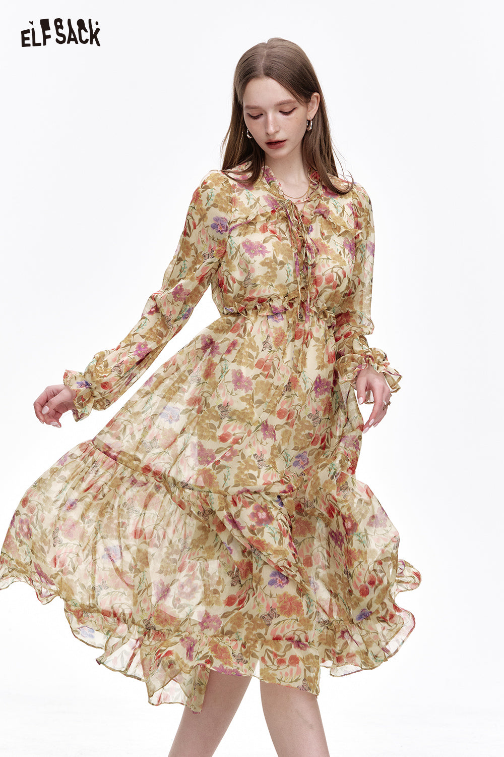 ELFSACK French V-neck ruffled pleated floral dress Vacation elegant long-sleeved dress